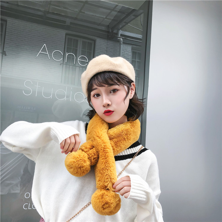 清仓 韩版百搭秋冬仿兔毛双球纯色女士围巾 保暖柔软围脖批发
