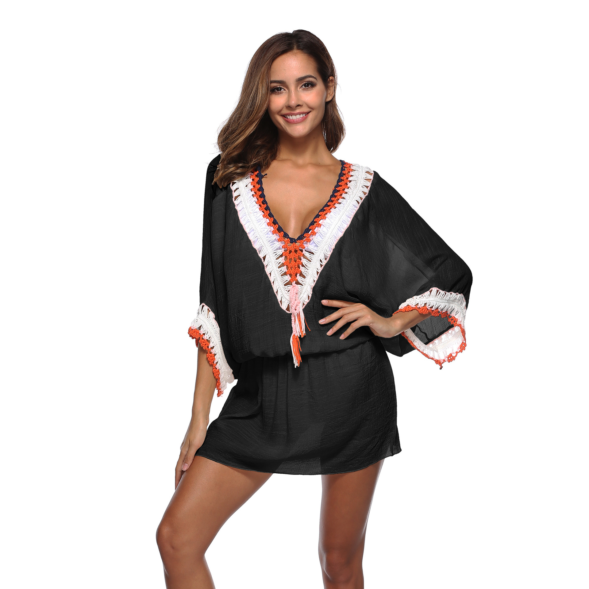 Hand Crocheted Beach Dress V Neck Batwing Sleeves Irregular Hem Sun Protection Cover Up Wholesale Available