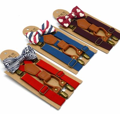 Cross border Source of goods children fashion Solid Strap clip printing Bowtie suit Elastic force Elastic Braces 4 Trouser clip