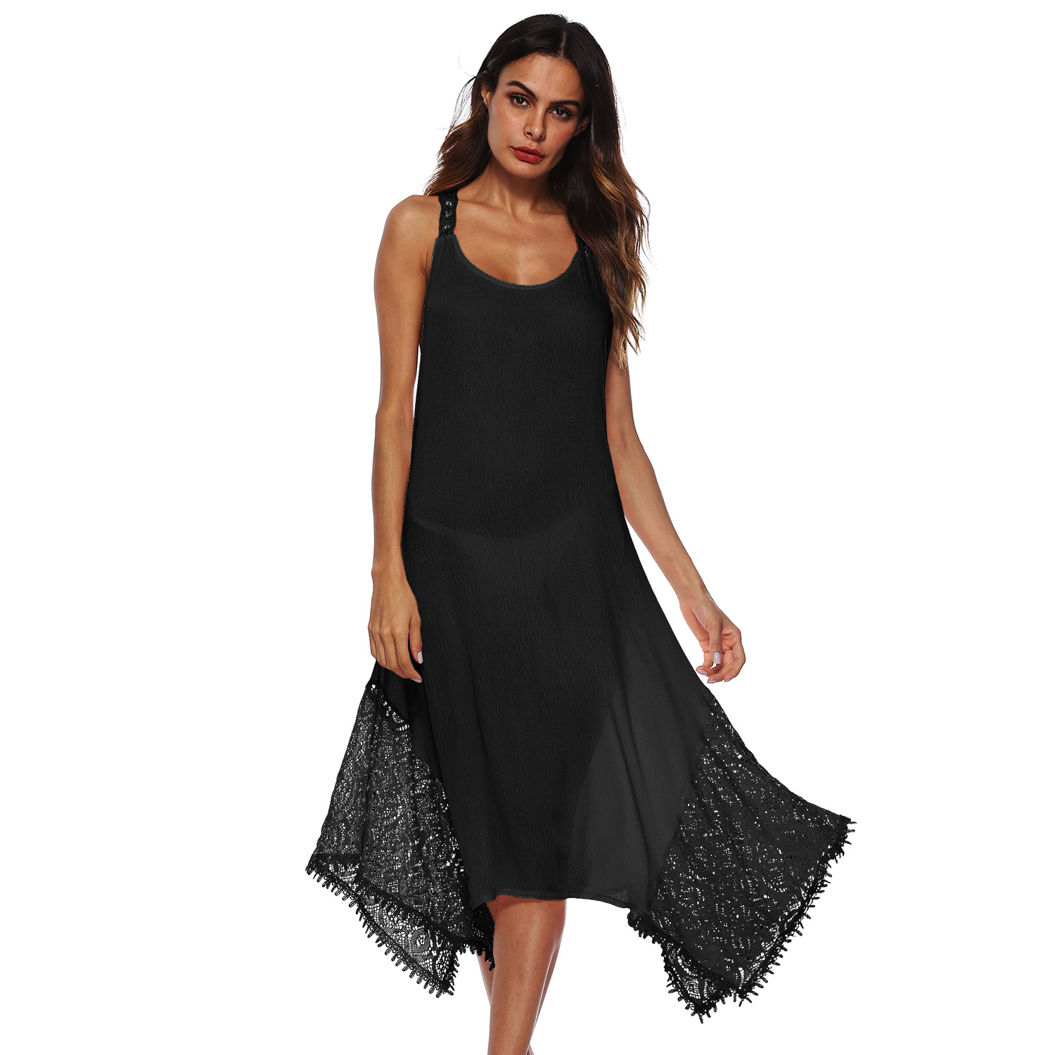 Backless Lace Trimmed Maxi Dress Crossed Straps Irregular Hem Elegant Design Perfect for Evening Events Wholesale