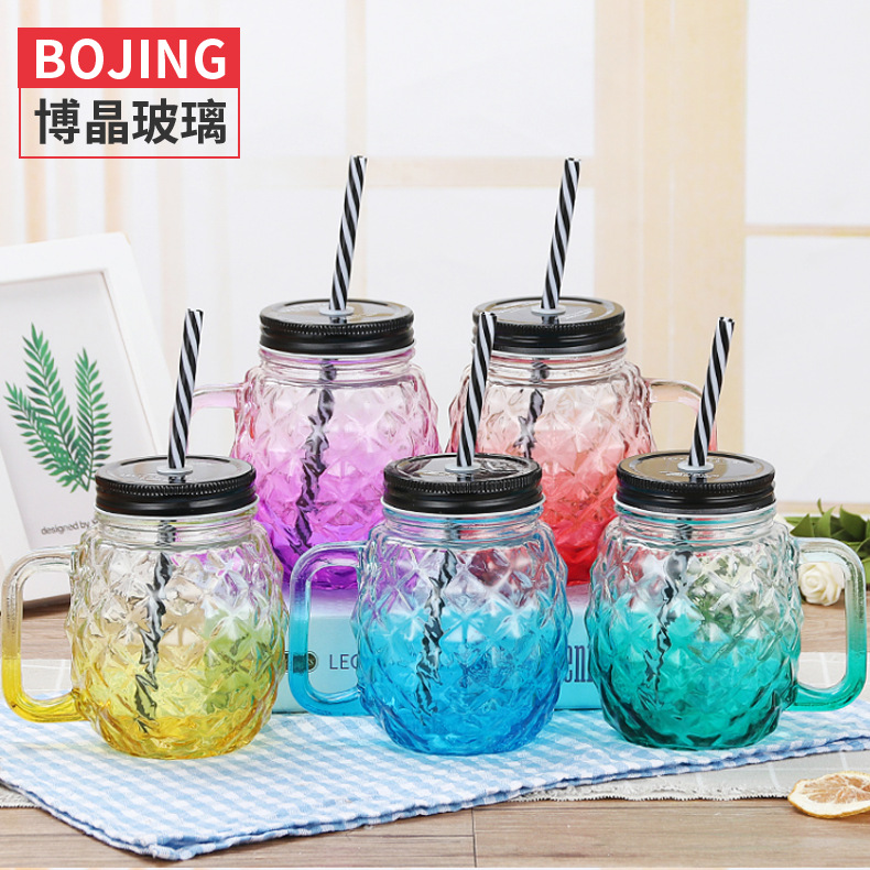 批发500ml饮料瓶 玻璃菠萝杯带盖透明果汁杯耐热可吸管啤酒杯