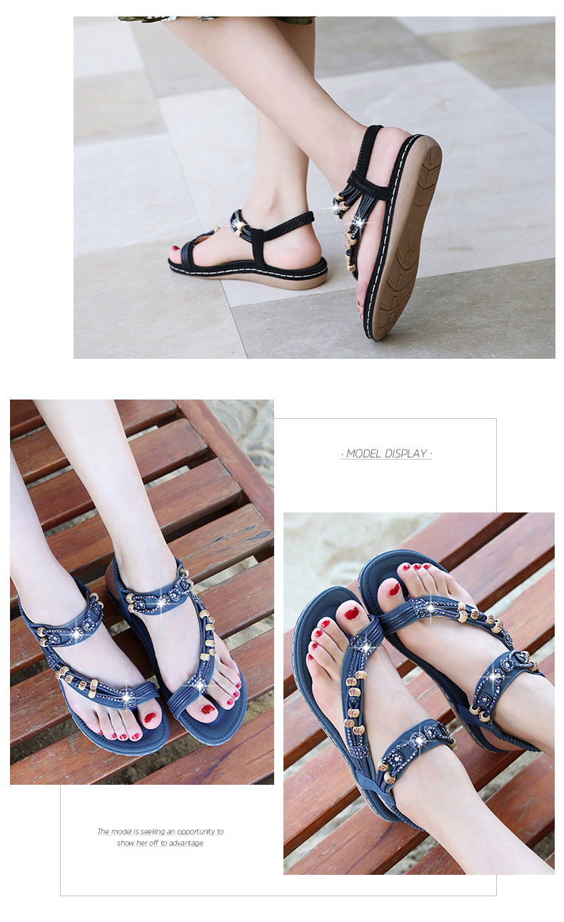 Plus-size women's shoes, Bohemian sandals, retro rhinestone beaded sandals, round-toed flat sandals, and cowhide soft-soled shoes undefined