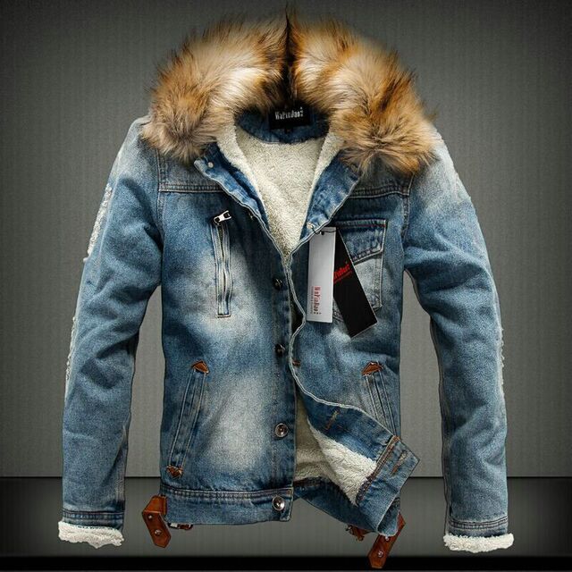 Autumn and winter men’s hooded big hair collar plush plush washed denim jacket