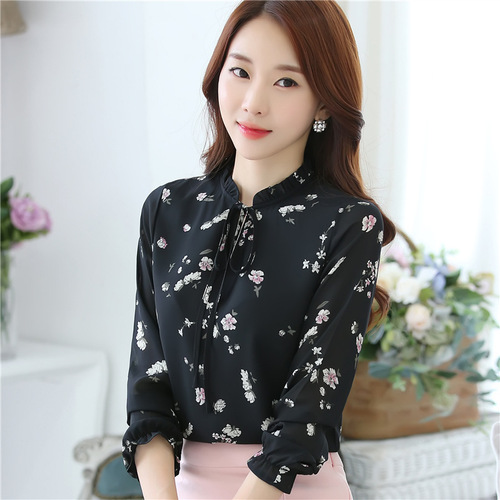 Chiffon shirt women's top long sleeve 2024 spring and summer new large size women's fat MM loose shirt floral bottoming shirt