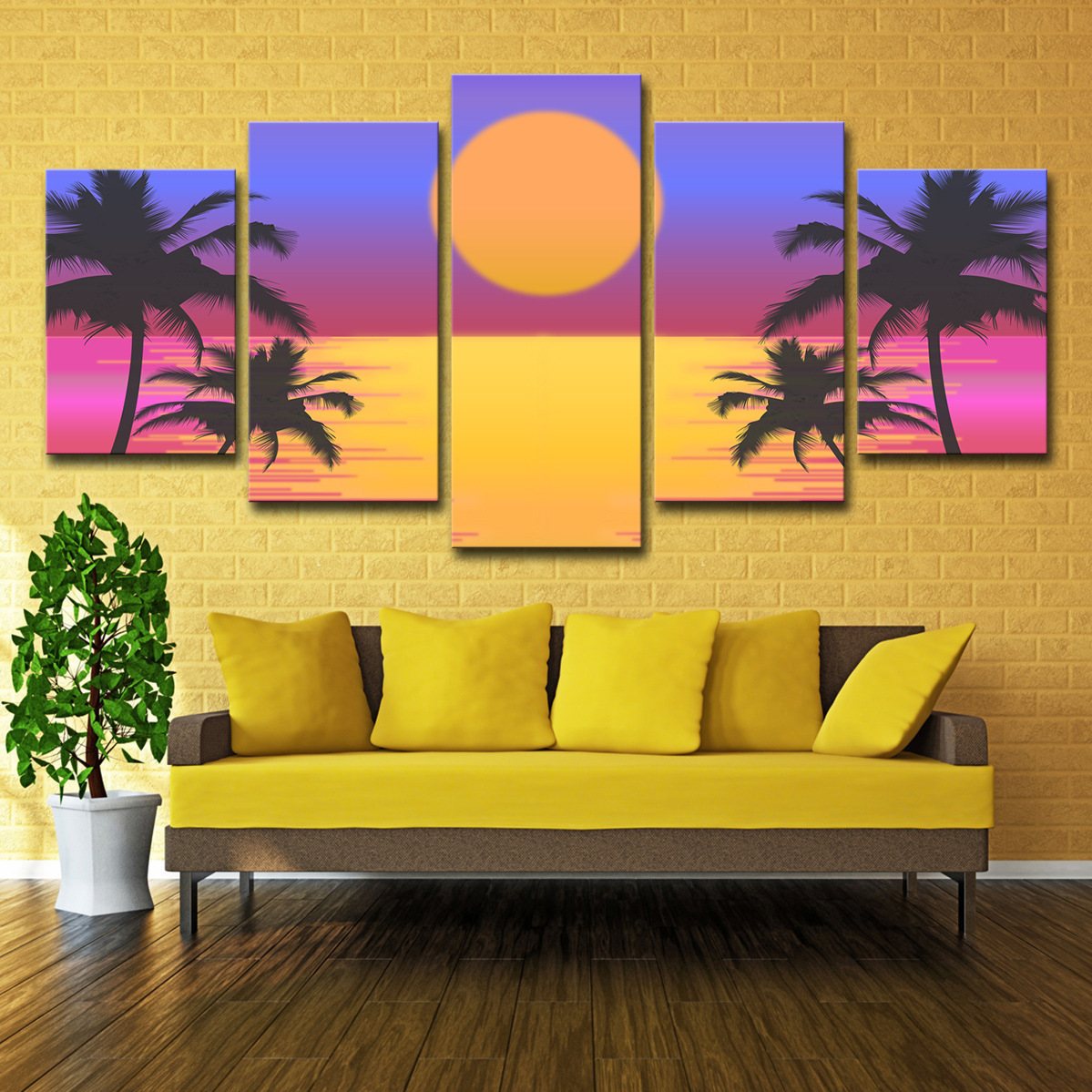 跨境亚马逊 ebay5块帆布艺术手掌棕榈树落日图片客厅现代装饰