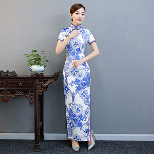 Cheongsam performance dress Shanghai long walk show blue and white porcelain cheongsam dress