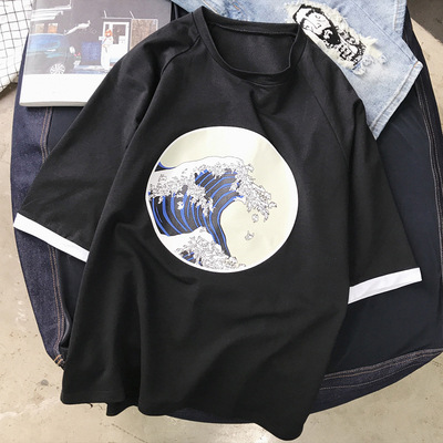 宽松日系2019夏季中国风印花落肩袖大码圆领七分袖男式t恤新款