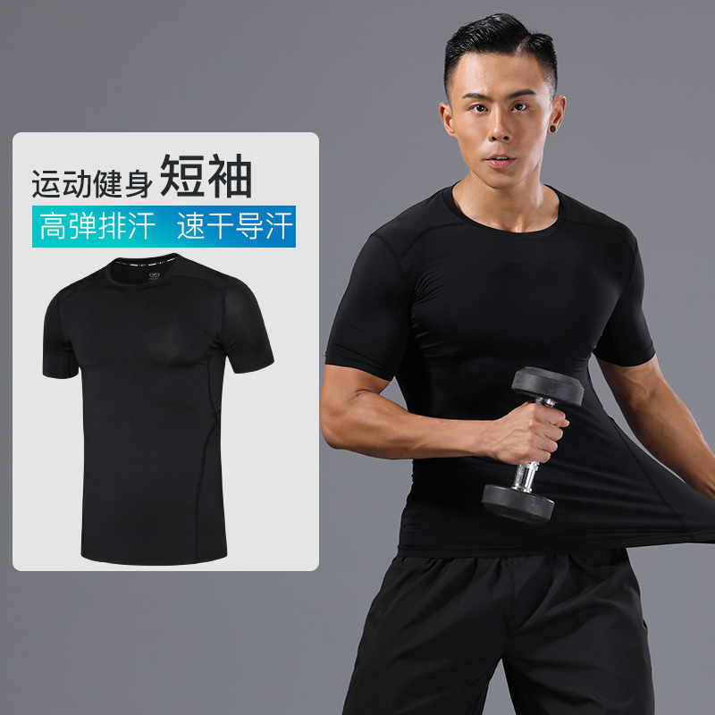 man Tight fitting train Fitness clothing run Short sleeved Athletic Wear Amazon Elastic force Quick drying shirt
