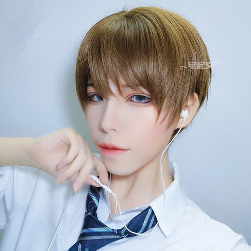 New men's wig handsome male hair student short straight hair black high temperature silk chemical fiber hair anime cos fake hair
