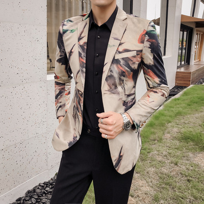 创意秋冬色彩写意数码印花欧美大牌潮牌男士西装 男式商务小西服
