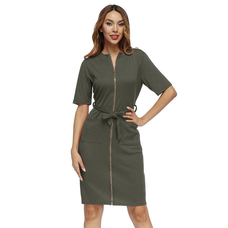 Short Sleeve Zipper Dress Waist Tie Slim Fit Double Pockets Spring Summer Fashion Wholesale Available