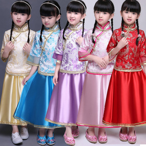 pink blue Floral brocade Chinese dresses retro Qipao dress for girls kids children retro cheongsam guzheng performance costumes hanfu fairy dresses for baby