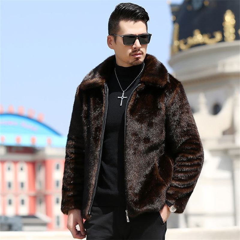 2020冬季新款海宁貂皮大衣仿水貂毛外套男士连帽中长款翻领皮草衣