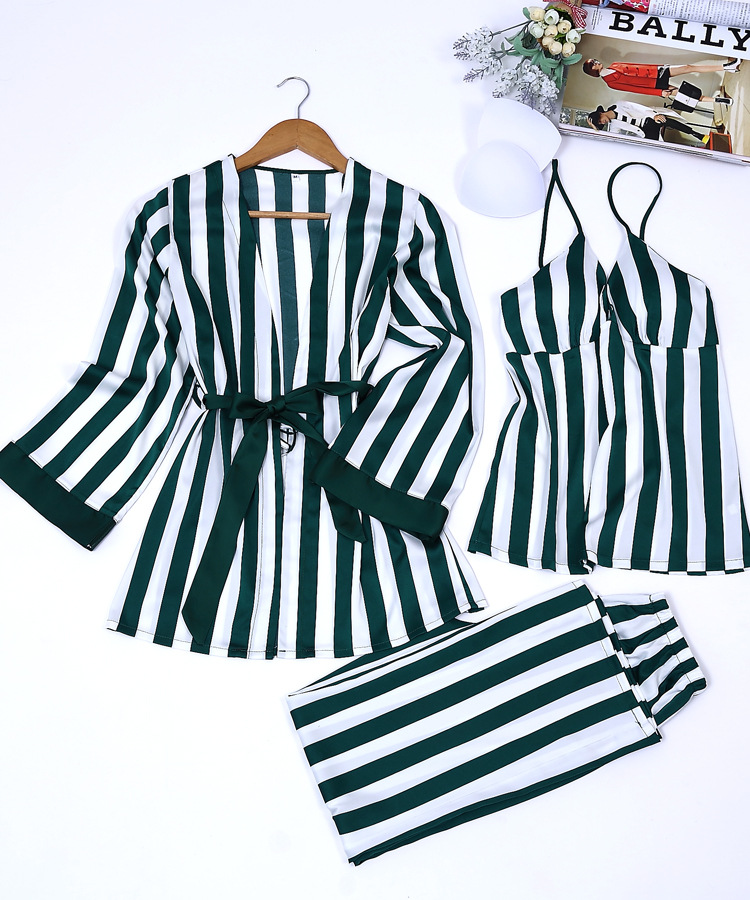 conjunto de tres piezas de pijama de seda sexy a rayas NSMR7787