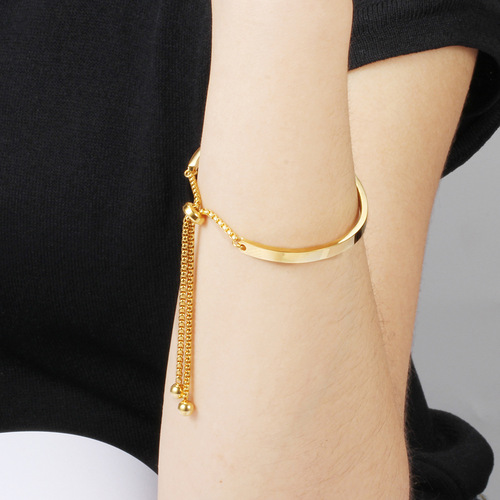 Wish simple new Ins internet celebrity style pearl chain titanium steel half ring two-color semi-adjustable bracelet stainless steel for women