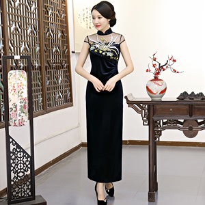 Chinese Dress Qipao for women Golden velvet cheongsam long embroidery gauze sexy velvet cheongsam skirt standing collar cheongsam dress
