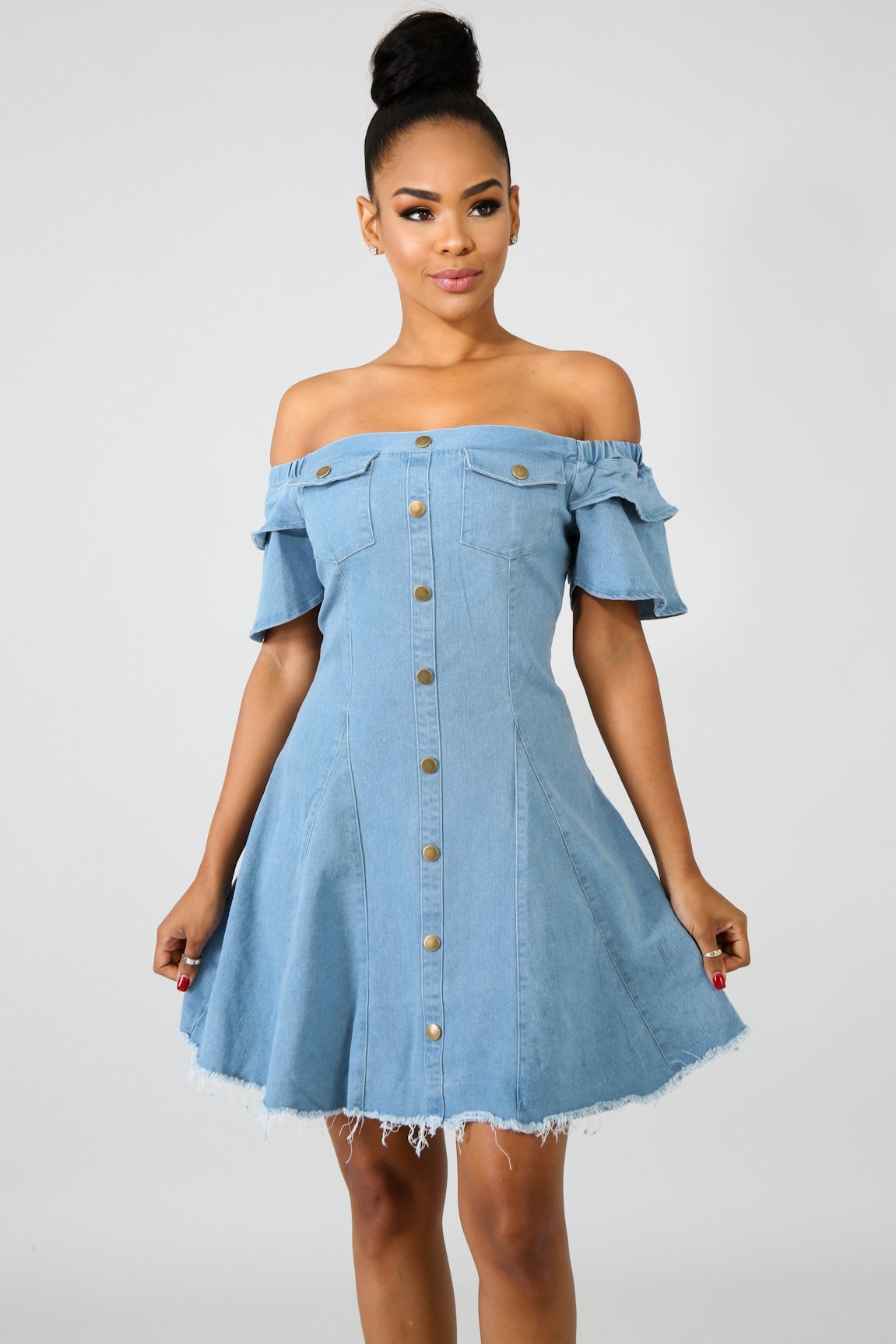 single-breasted decor Elastic Short Sleeve one-word neck Denim dress NSOSM126839