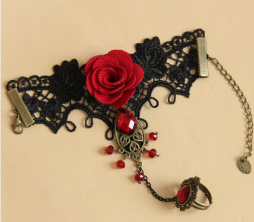 Wholesale Women's Bracelets, European and American Retro Red Rose Metal Flower Vine Crystal Lolita Style Lace Bracelets
