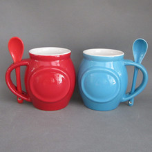 色釉陶瓷插勺杯 鼓肚杯 鼓形杯 彩色雙開創意陶瓷杯