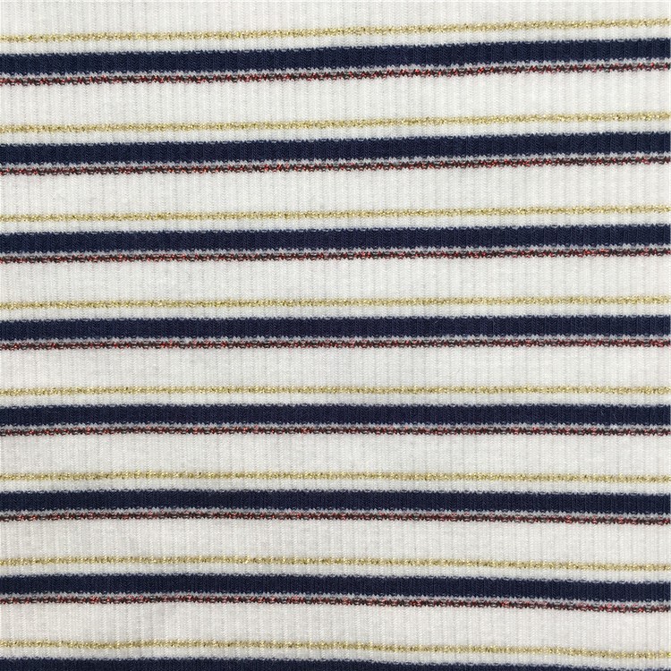 厂家供应针织面类 涤人棉氨纶金丝彩条罗纹 TR彩条金丝罗纹