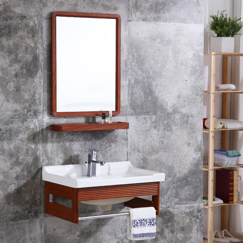 新款潮州太空铝浴室柜木纹60卫生间洗脸盆洗漱台组合小户型挂墙式|ms