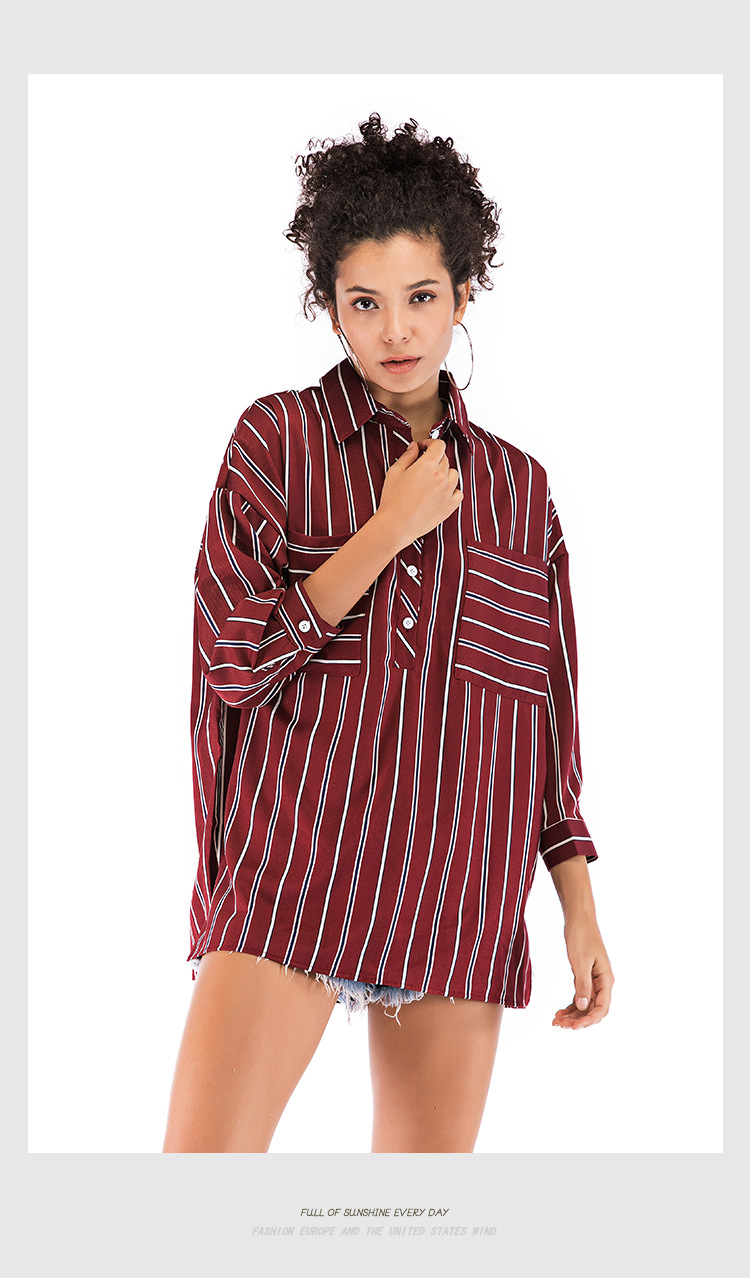 fashion loose big pocket striped lapel blouse  NSJR39181