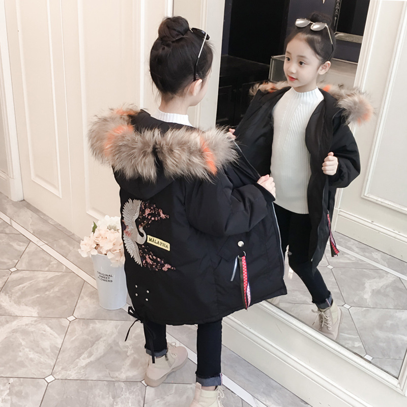 2018 Winter Kids new pattern Korean Edition girl Embroidery Red-crowned crane cotton-padded clothes CUHK have more cash than can be accounted for Cotton Real fur collar cotton-padded jacket
