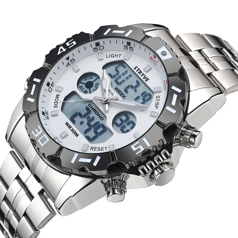 Stryve hombres de moda doble movimiento impermeable reloj de cuarzo electrónico sincronización alarma reloj de pulsera de acero inoxidable s8011