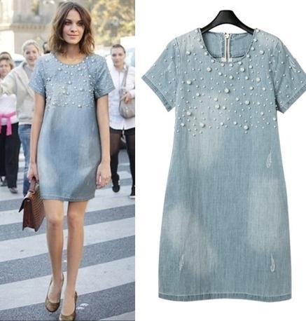 Summer Loose Short Sleeve A-line Washed Denim Pin Bead Dress