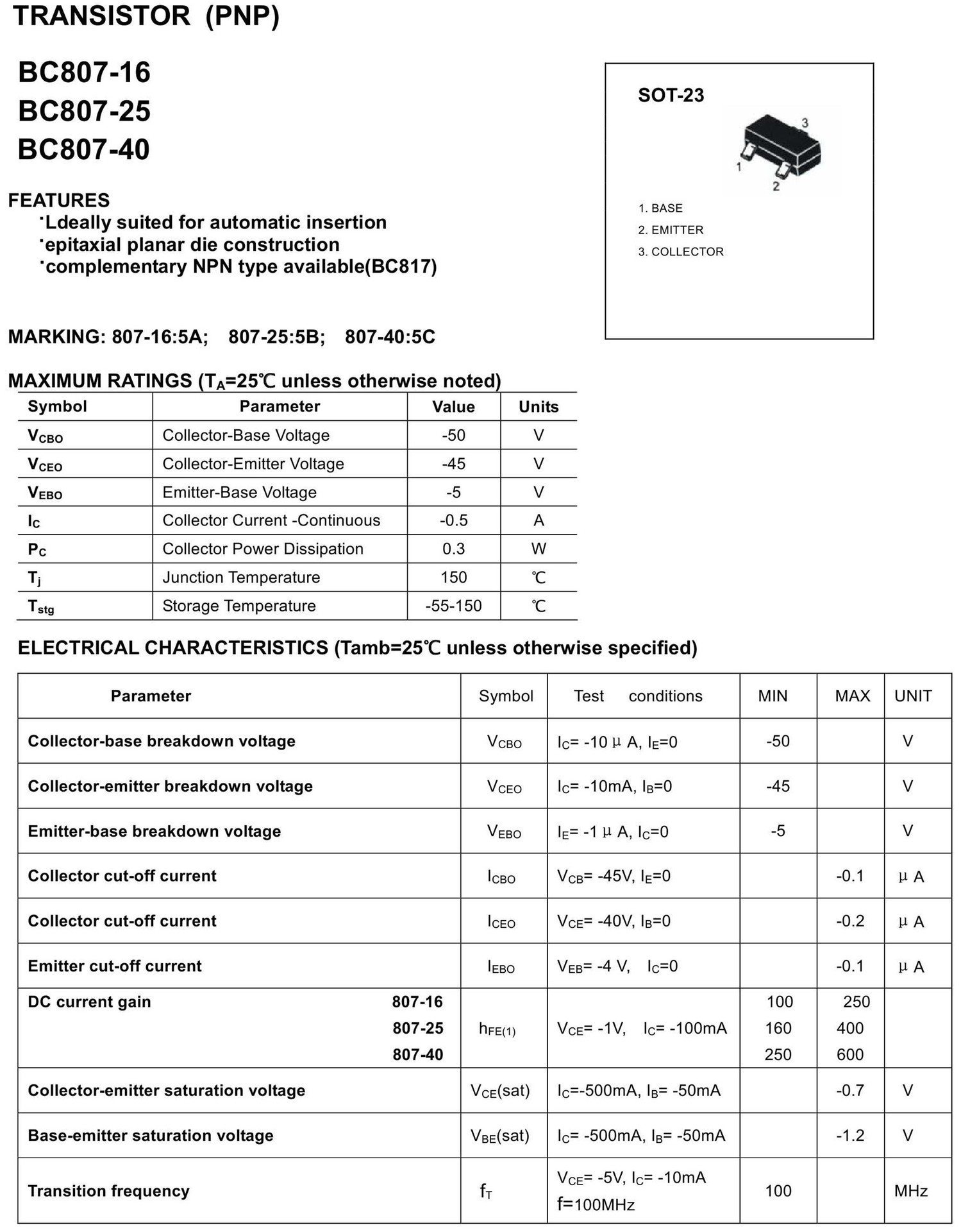 厂家直供原装BC807-16/5A BC807-25/5B BC807-40/5C PNP型三极管-阿里巴巴