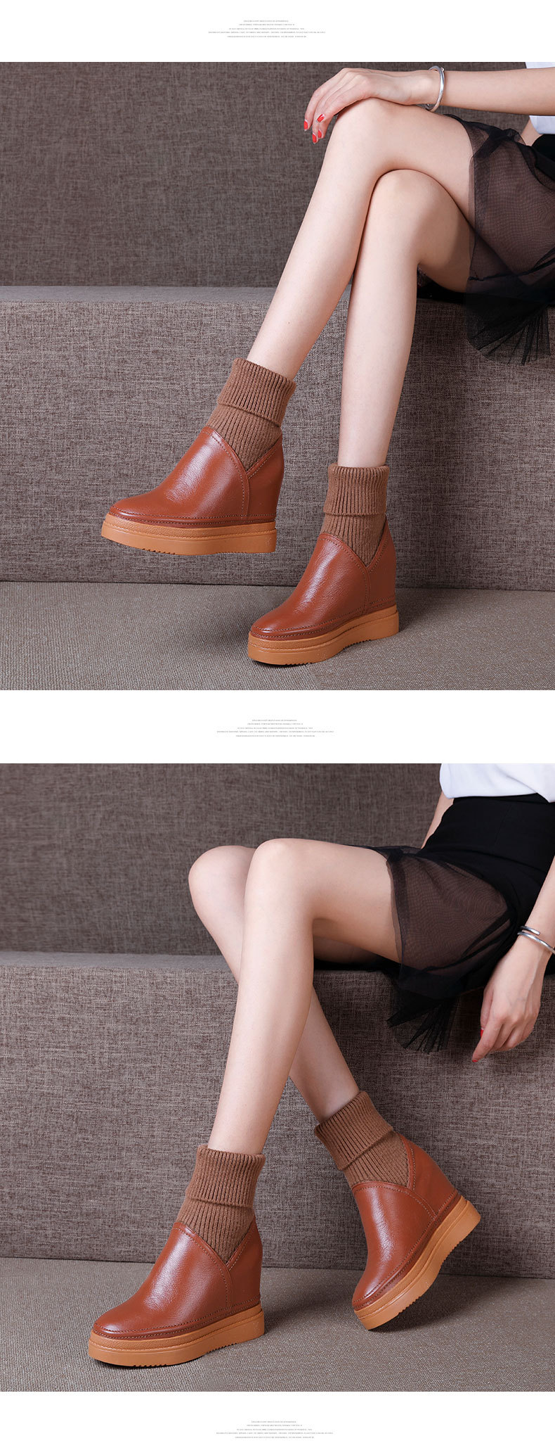 Giày boot nữ cổ thấp phong cách Hàn Quốc, tăng chiều cao, dốc gót, dễ phối đồ — Màu nâu lót nhung chi tiết 3