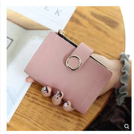 韩版纯色女式钱包 短款多色搭扣圆环女款钱包卡包手拿包批发
