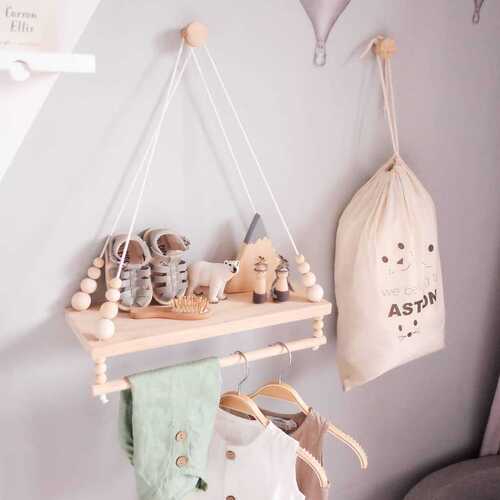 INS Nordic style wooden beads double-layer gray log storage board wooden beads swing frame children's room model room soft decoration