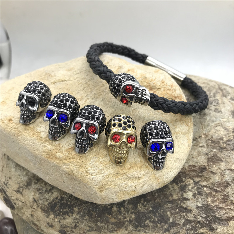 Foreign trade website hot European and American pop punk hand-woven beaded sticky stone skull leather bracelet