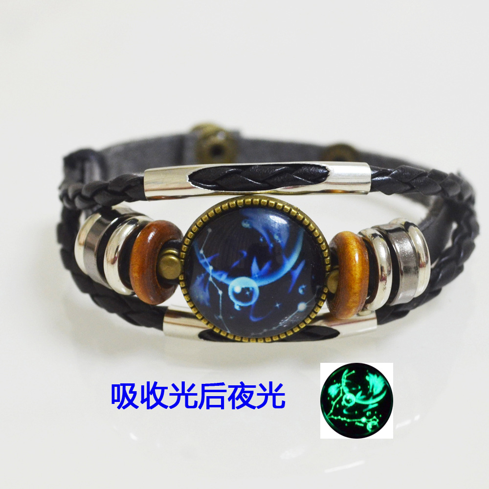 Debit Glow Black Zodiac Bracelet Time Gemstone Bracelet Buckle Punk lovers weave Leather Bracelet