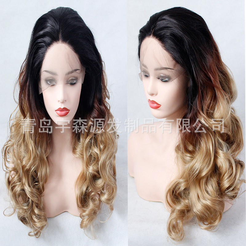 Wig 13*4 Front Lace Chemical Fiber Headgear Gradient Color Long Curly Hair Factory