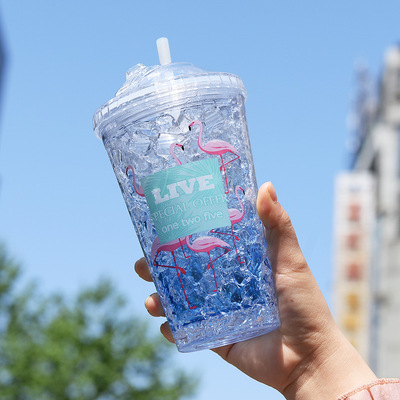 廠家直銷創意夏日冰杯雙層塑料吸管水杯凝膠制冷冰爽冷飲杯碎冰杯