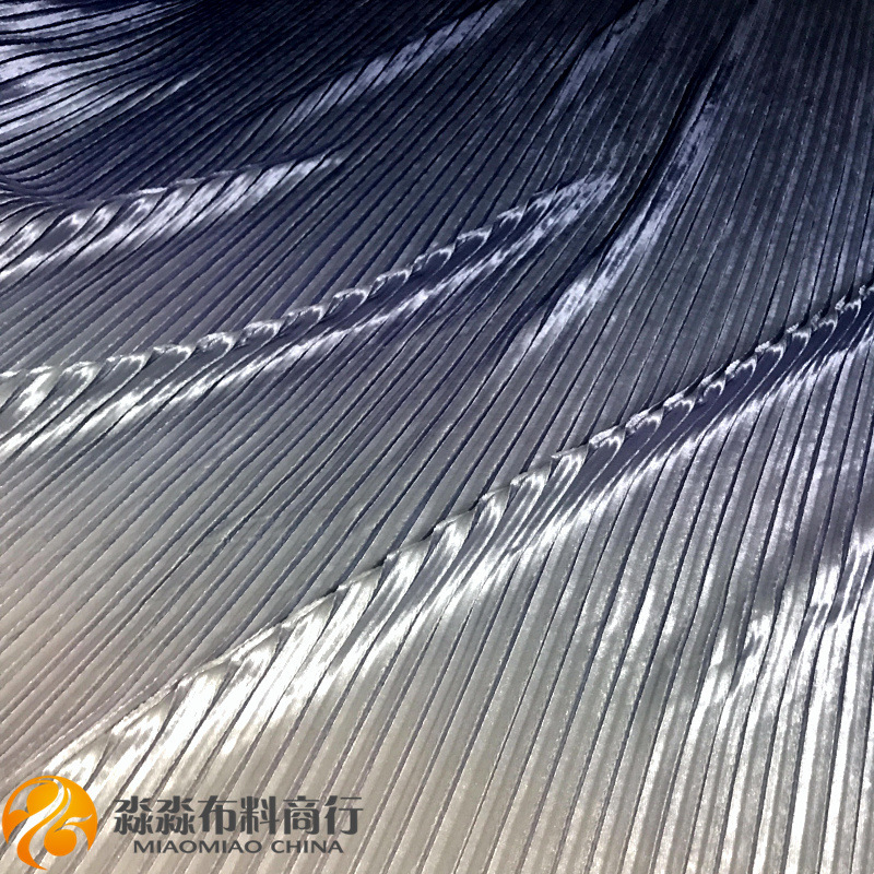 新款秋冬服饰布料 渐变深蓝色光感风琴褶压皱褶金丝绒 细百褶面料