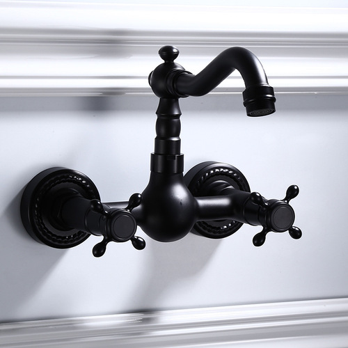 All-copper black European-style antique bathtub hot and cold faucet bathroom hardware wall-mounted balcony 360 rotating faucet