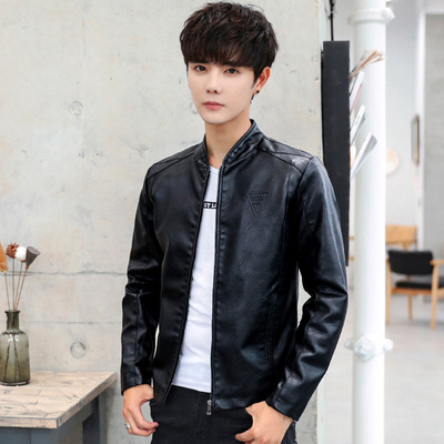 2018新款男士小皮衣薄款修身外套机车服立领PU黑色皮夹克潮流帅气|ms