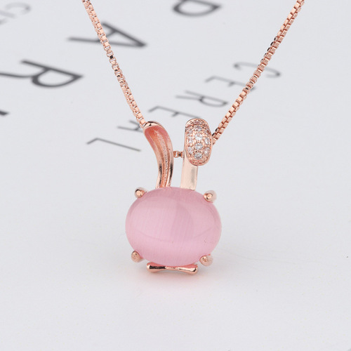 Silver-plated Crystal Rabbit Pendant with Hibiscus Stone, Rose Gold Lockchain, Simple Crystal Student Jewelry