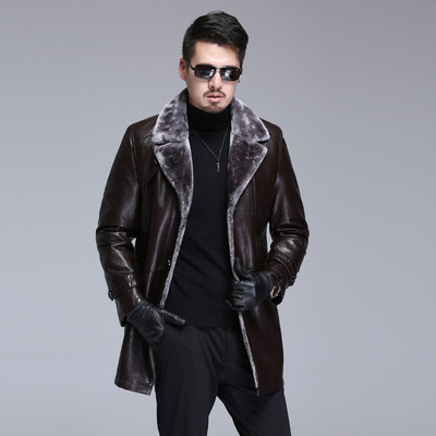 冬季2018新品中年男士山羊皮皮衣單排扣中長款師氣翻領休閑皮衣潮