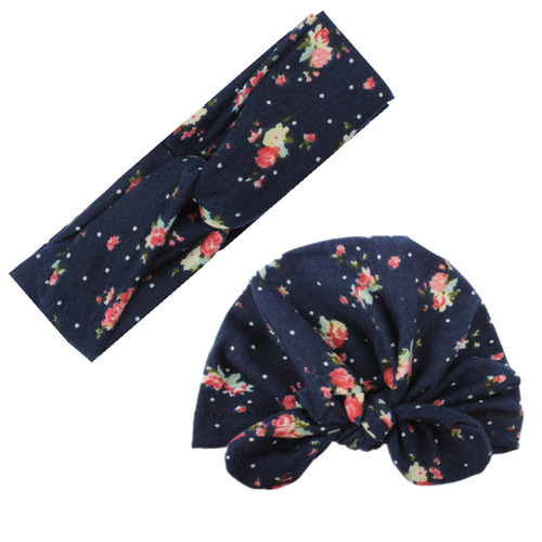 New European and American mother and baby set, printed cross headband, printed bunny ears hat, cute printed headband