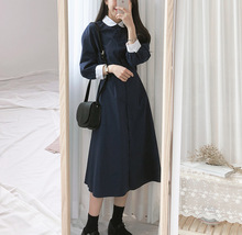 韩国鬼马系少女学院风减龄配色娃娃领收腰长袖A字裙连衣裙