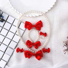 New Korean-style baby necklace princess gift children's bracelet earring hair clip set with red bow necklace
