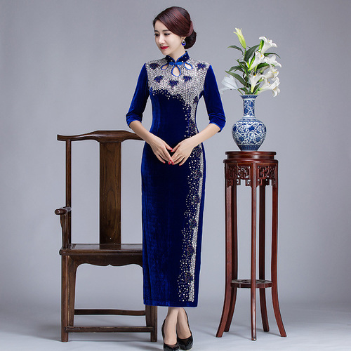 Royal blue wine Velvet beaded Chinese dress qipao long cheongsam women retro slim sexy banquet sequined long cheongsam skirt