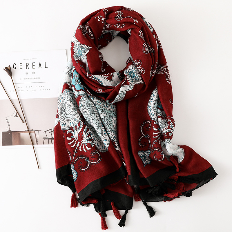 Sun Shawl Women Summer National Style Cotton And Linen Silk Scarf Printing Tassel Tulle Travel Beach Towel Sunshade Scarf display picture 103