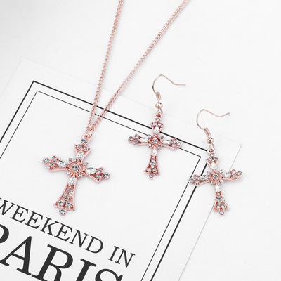 跨境货源新娘饰品时尚简约镶钻套装创意十字架项链耳环三件套批发