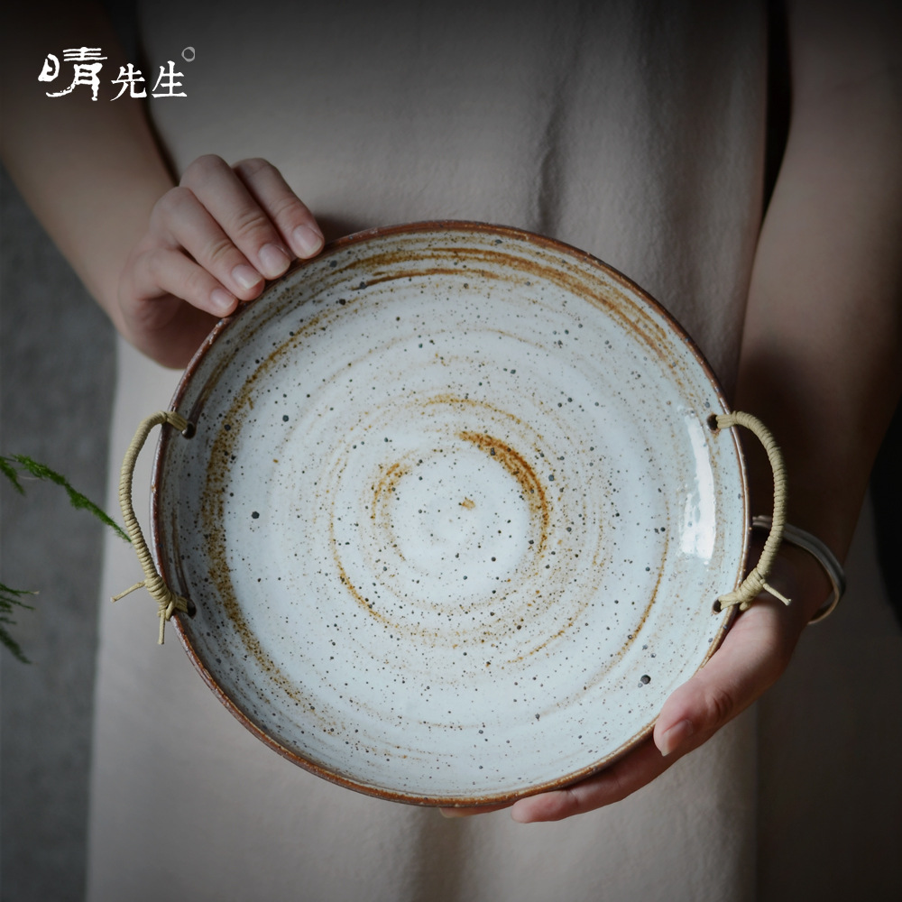 日式创意餐具果盘手工粗陶盘家用复古做旧麻绳圆形托盘菜盘汤盘