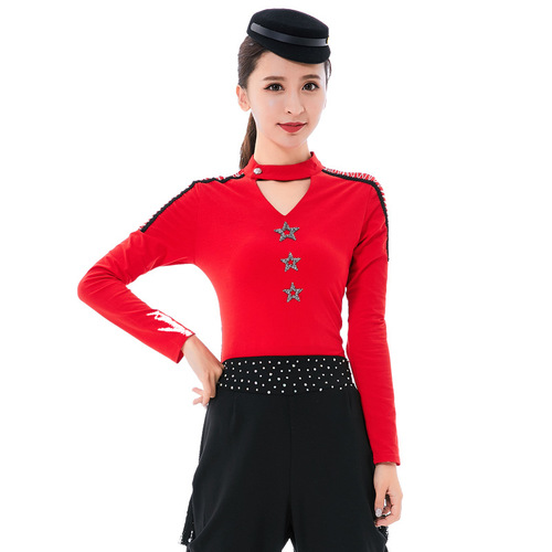 Navy Blue Cotton Long-Sleeve Women's Suite for Square Dance Performance - New Arrival Autumn Fashion Solid Color Uniform Dance Costume